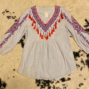 Chico's Eclectic Boho Embroidered Blouse with Beading & Tassels Size 4/Small